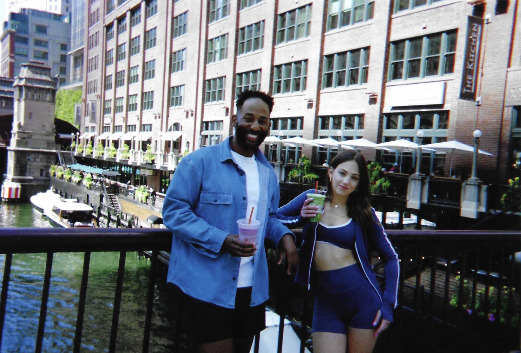 Two Protein Bar & Kitchen guests enjoying smoothies along the Chicago Riverwalk